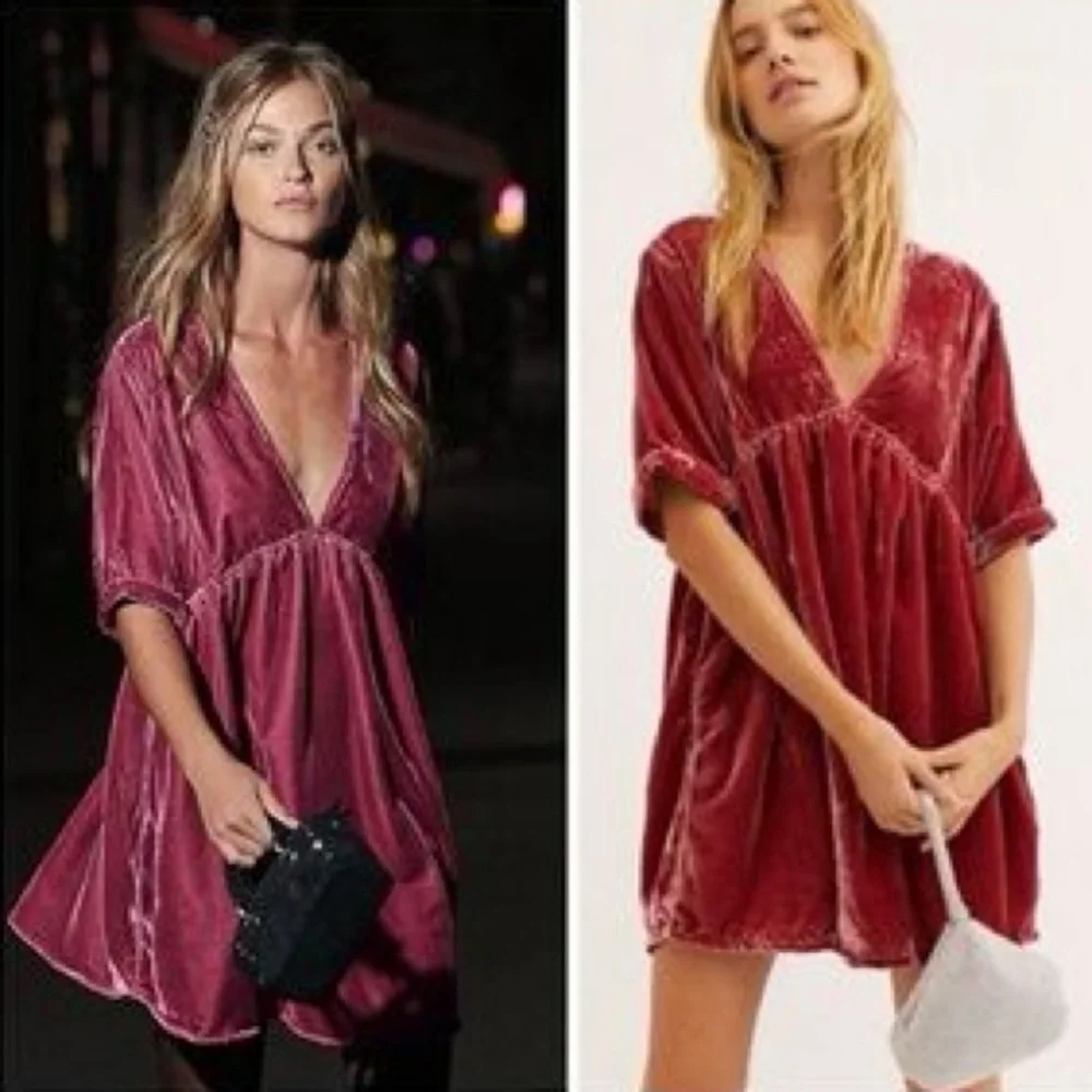 Free People Ivy Rose Smoke Velvet Tie Back Plunge Babydoll Mini Dress XS